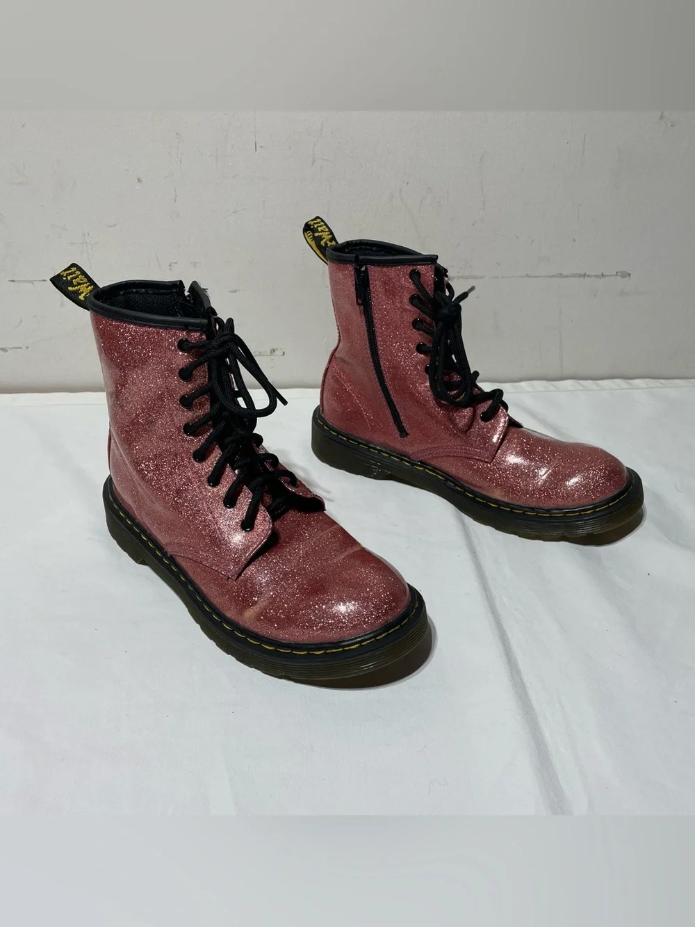 Girl's Dr Martens 1460 Junior Pink Glitter Lace Up Side Zip Combat Boots Size 5